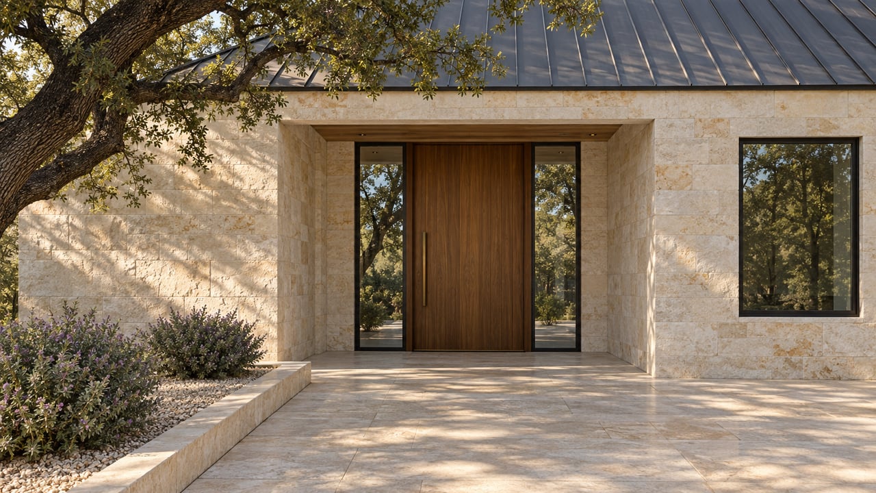 Limestone home entrance with an oak pivot door, glazed sidelights, and a live oak canopy reflected in the windows.