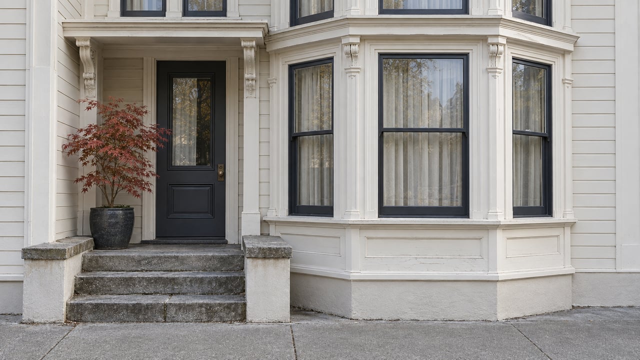 White-painted residential bay windows beside a recessed charcoal door, worn stone steps and a potted Japanese maple.