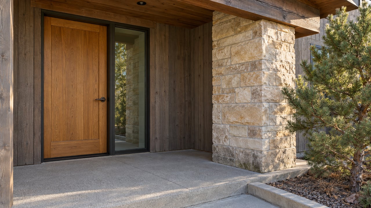 Close view of a wood front door, glazed sidelight and sandstone porch pier above a concrete landing beside a small pinyon pine.