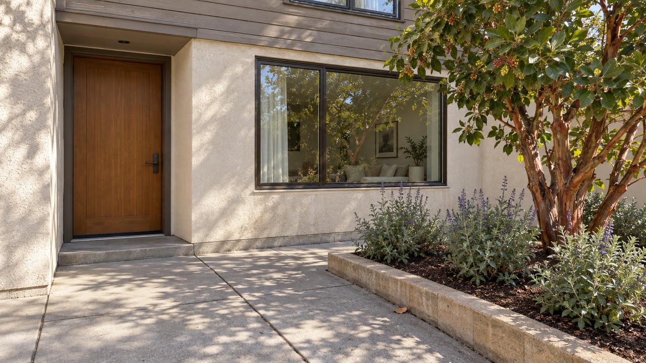 Sunlit entry terrace of an ivory-stucco and taupe-sided home, with a timber door, bronze-framed window, and a strawberry tree above a raised planting bed.