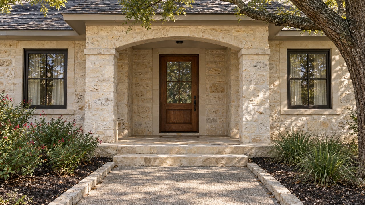 Weathered limestone house entry with an oak door, paired windows, broad stone steps, and native planting beneath a mature oak.