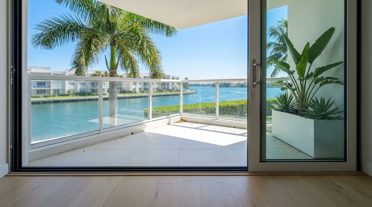 Modern condo interior looks through open sliders to a glass-railed balcony, palm fronds, and water.