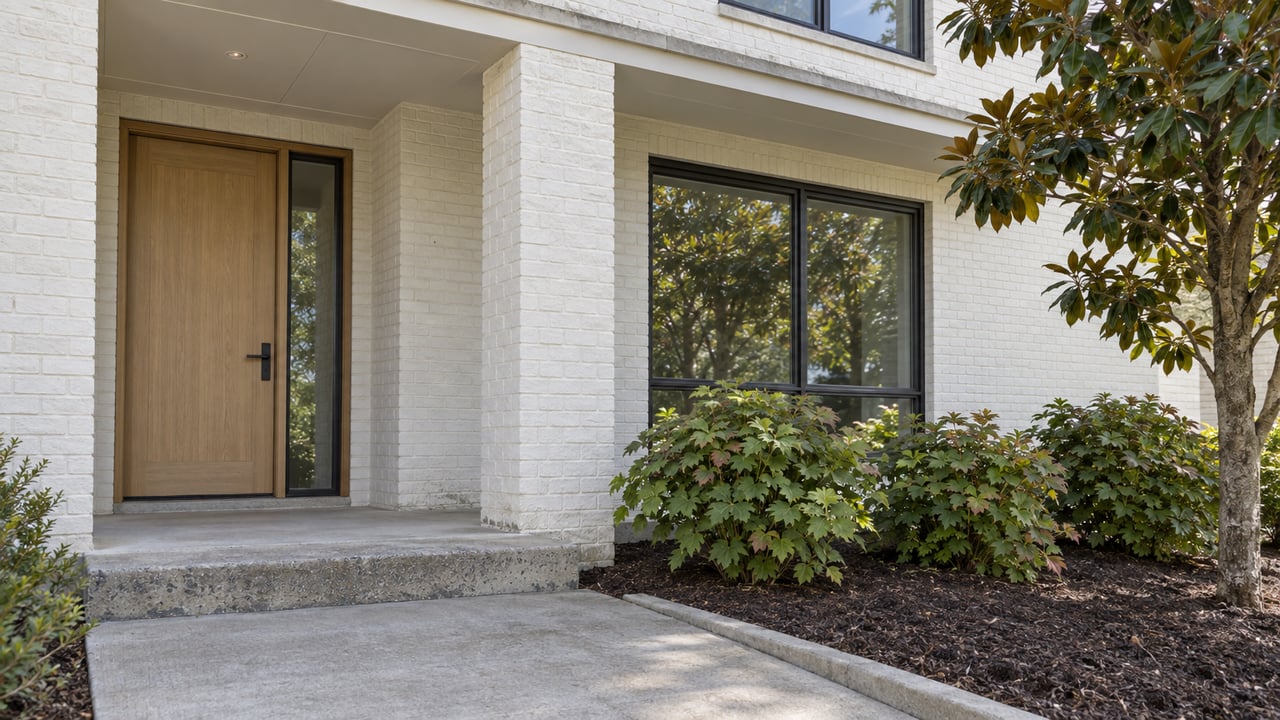 White brick home entrance with a sheltered wood door, dark-framed windows, concrete steps and a magnolia beside an edged planting bed.