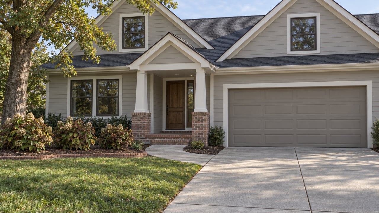 Newer gabled home with gray siding, a covered brick entry, a two-car garage and oakleaf hydrangeas beside the front walk.