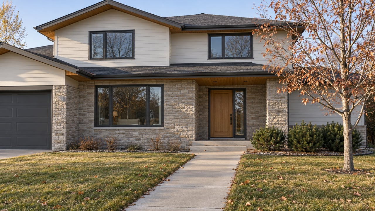 Late-autumn lawn and concrete walk leading to a two-story home with white siding, stone entry and wood soffits.