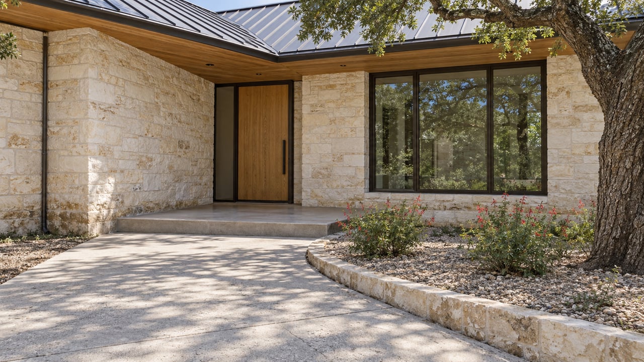 Limestone home entry with a cedar soffit, bronze-framed window, concrete approach, and mature live oak beside a gravel planting bed.