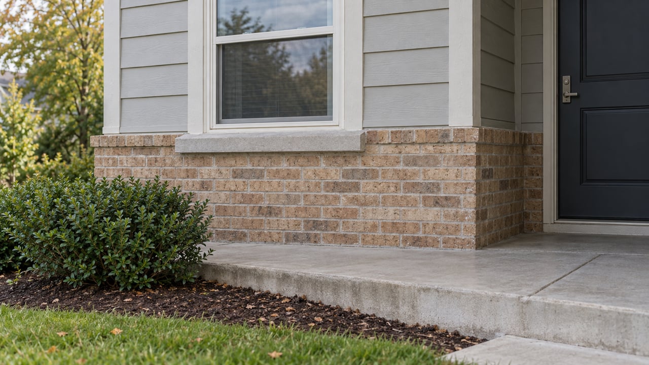 Ground-floor house window above buff brick, with a stone sill, concrete porch step, and low shrub.