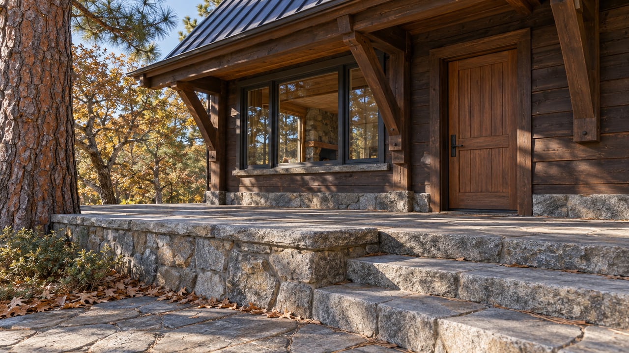 Rustic cabin exterior with a timber porch and broad stone steps among autumn trees.