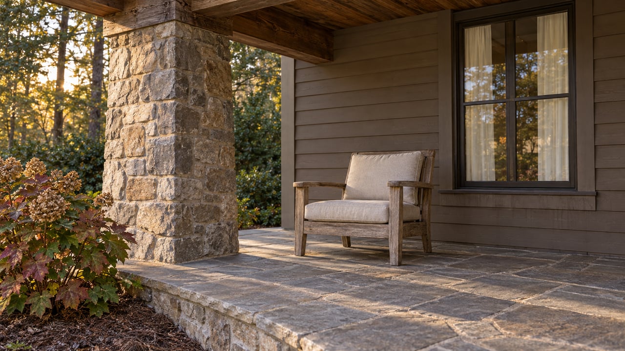 Teak armchair with an oatmeal cushion beside a fieldstone pier on a flagstone porch.