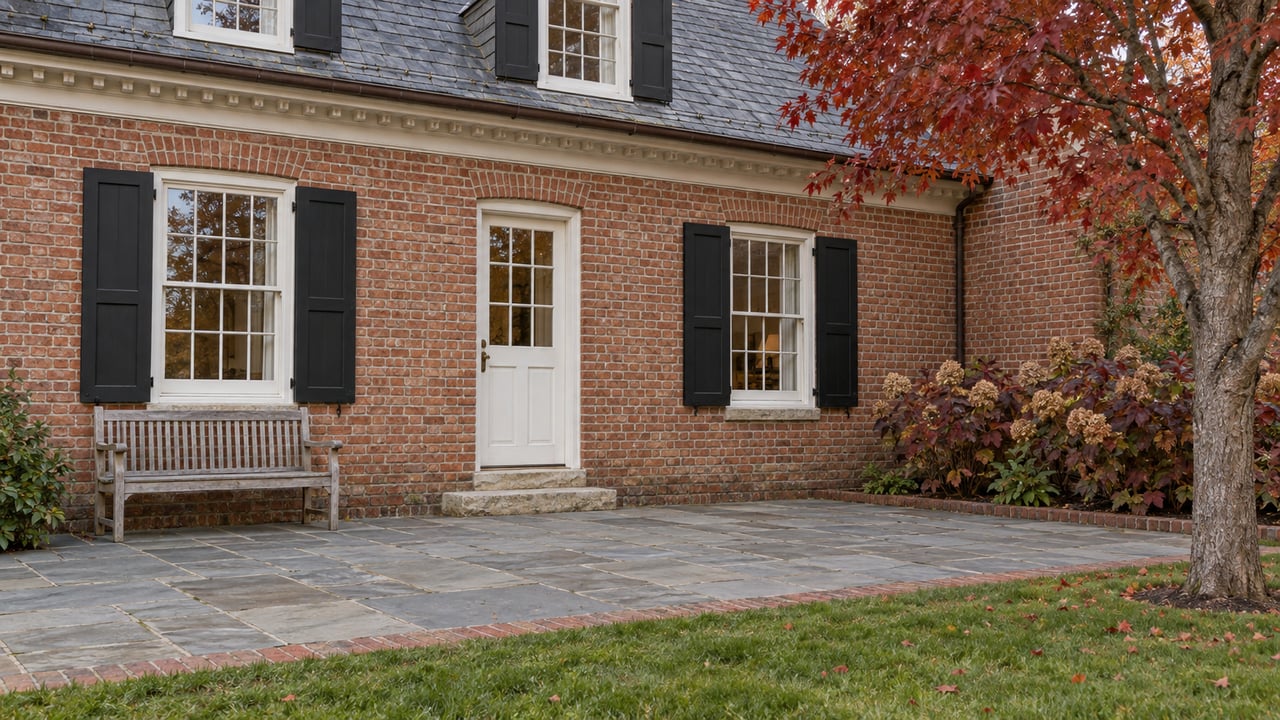 Historic red-brick home with white sash windows, black shutters, a weathered teak bench and a flagstone garden terrace beside autumn foliage.
