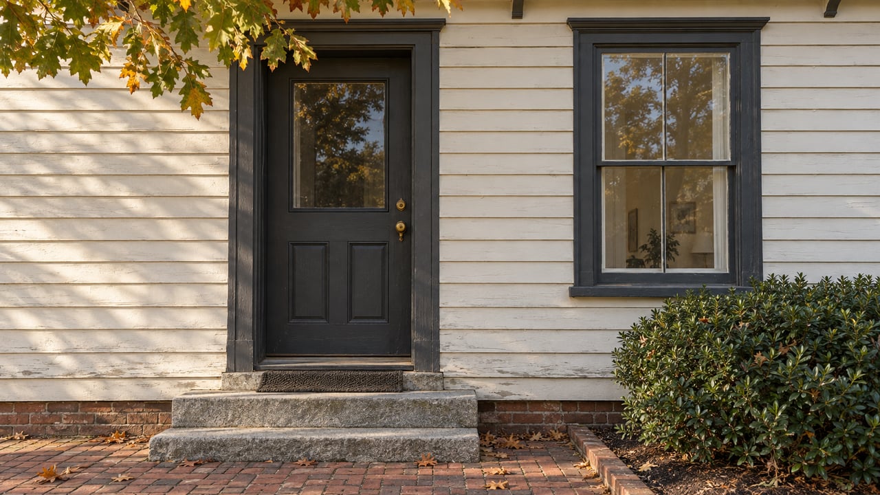 Cream clapboard house with a recessed front door, granite steps, brick approach, and early-turning oak leaves overhead.