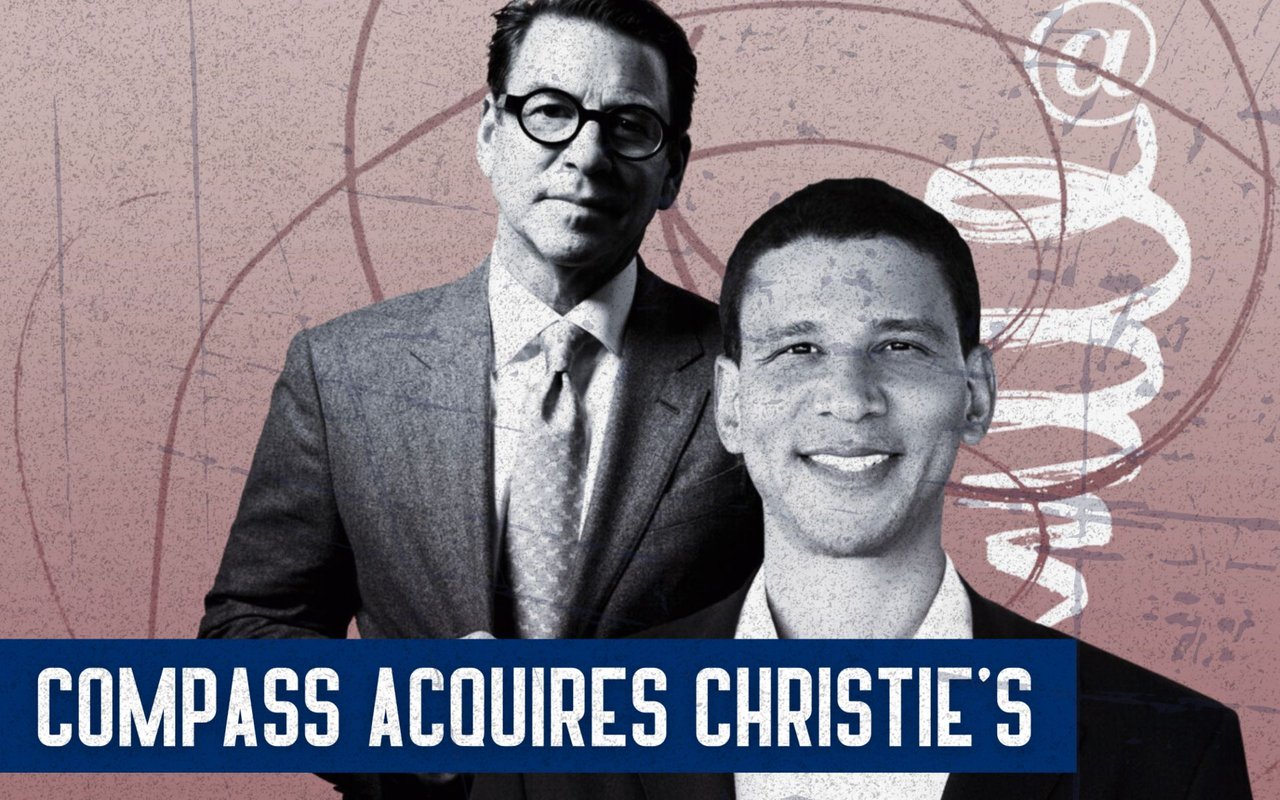 Graphic announcing Compass’s acquisition of Christie’s, featuring two men and the headline “COMPASS ACQUIRES CHRISTIE’S.”
