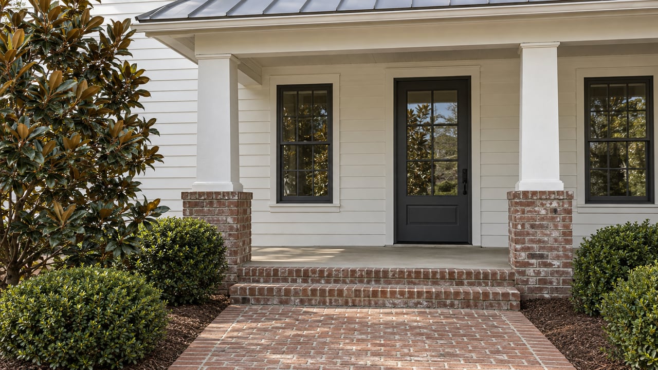 Warm-white clapboard home with a shaded porch, charcoal-framed entry, brick steps and approach, and carefully placed magnolia and dwarf yaupon shrubs.