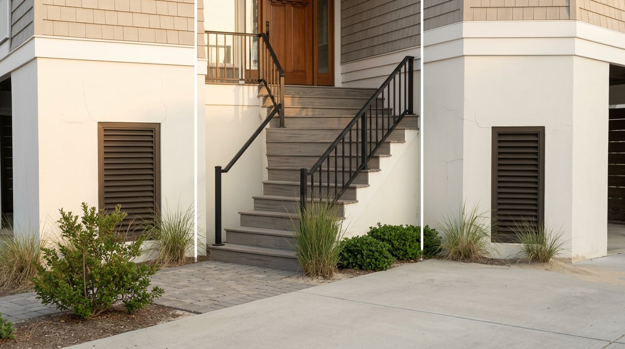 Elevated coastal home with weathered entry stairs, black handrail, and louvered flood vents in painted masonry piers.