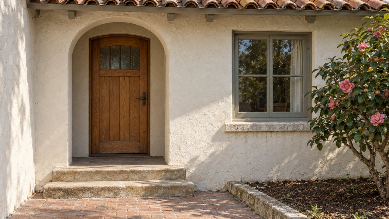An older off-white stucco home with a recessed arched oak door, clay roof tiles, divided timber window, and worn stone entry steps beside a camellia.