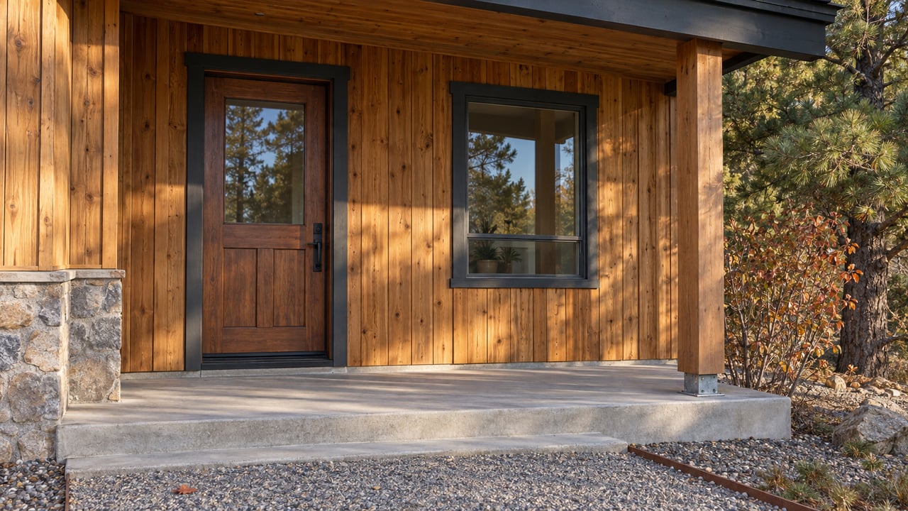 Sunlit timber-clad home entry with a covered concrete porch, closed glazed door, and autumn serviceberry beside a pinyon pine.