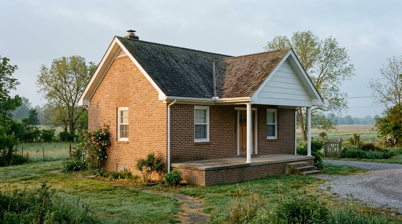 Brick cottage with a dark gabled roof, arched porch, shuttered windows, and curved brick walkway across a broad lawn.