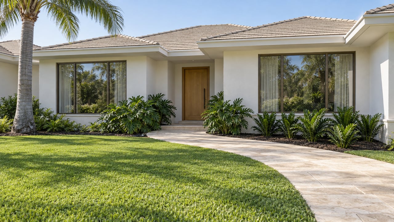 Light stucco home with bronze-framed windows, a limestone entry path and a royal palm beside a deep green front lawn.
