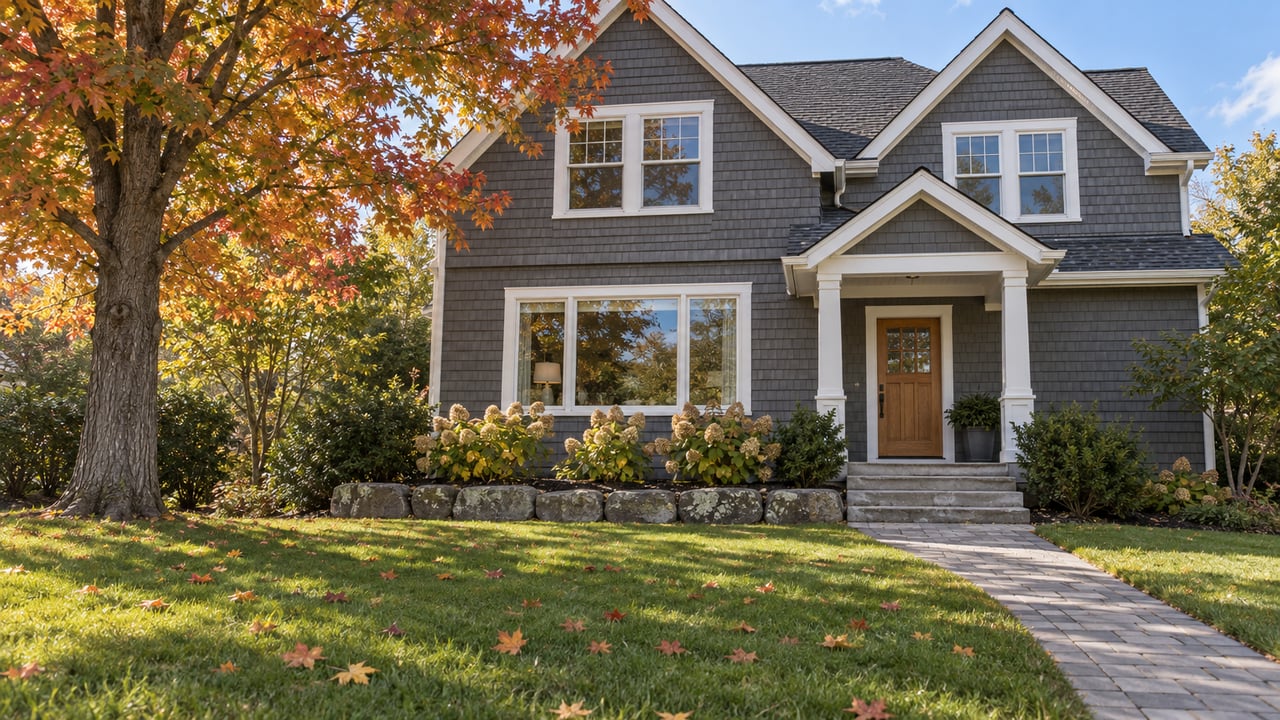 Autumn sunlight on a charcoal-shingled gabled home beyond a deep lawn, with a mature sugar maple and a paver approach.