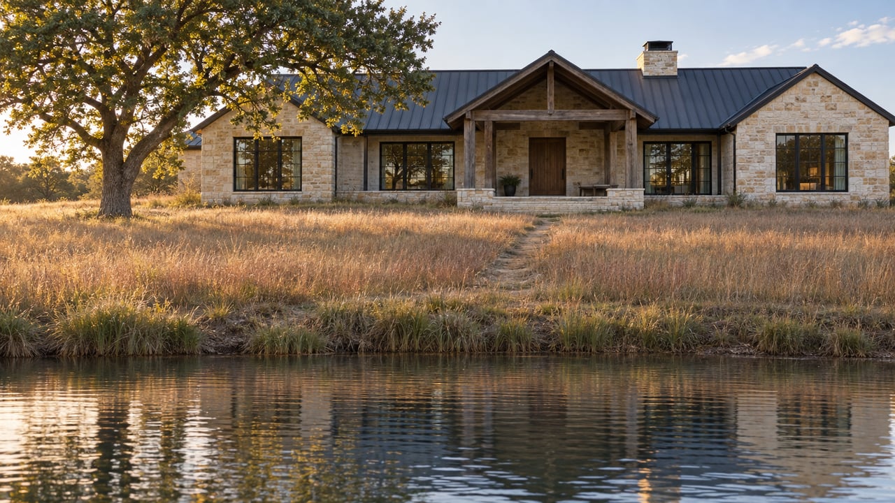 Limestone home with a charcoal gabled roof beyond a tawny meadow and pond, beside a mature oak.