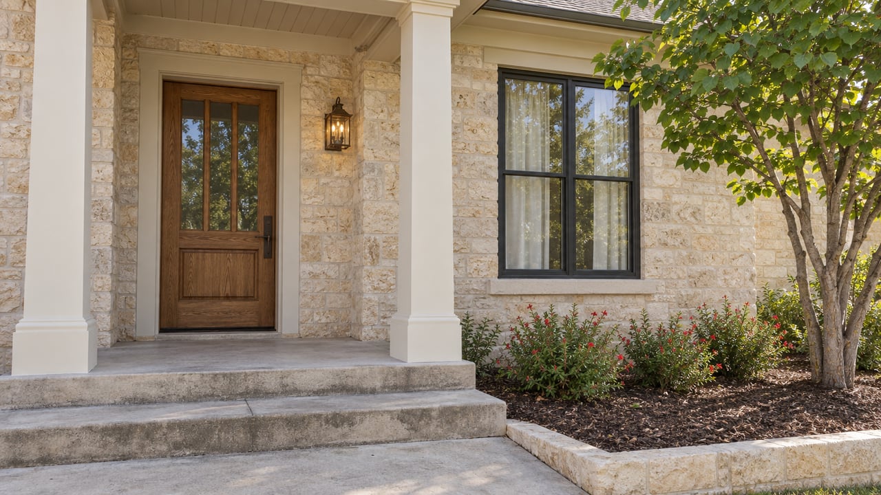 Limestone home entry with an oak door, cream porch columns, tall window, and red-flowering sage beside concrete steps.