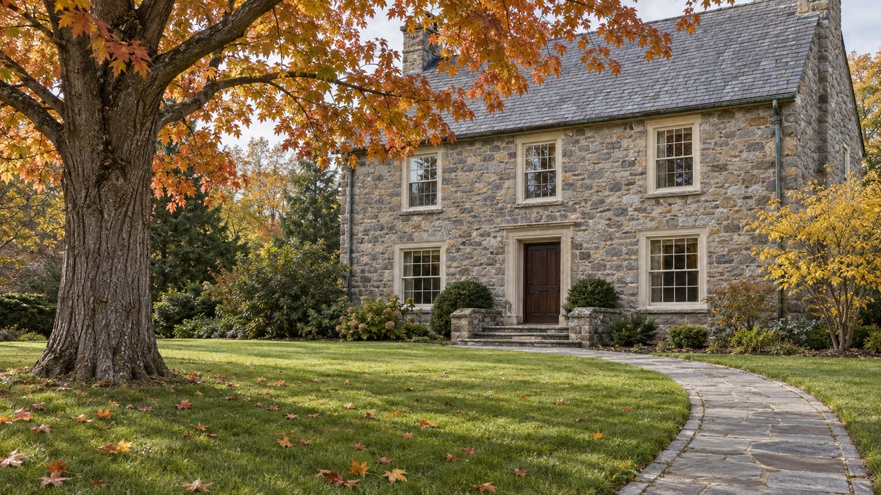 Mature sugar maple with autumn foliage beside a deep lawn and traditional stone home with slate gables.