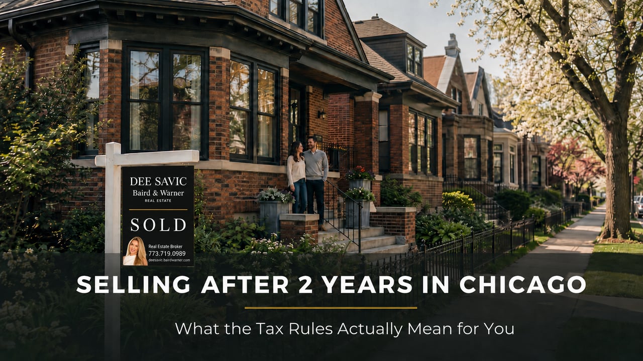 Chicago North Side home with sold sign on tree-lined street in spring 