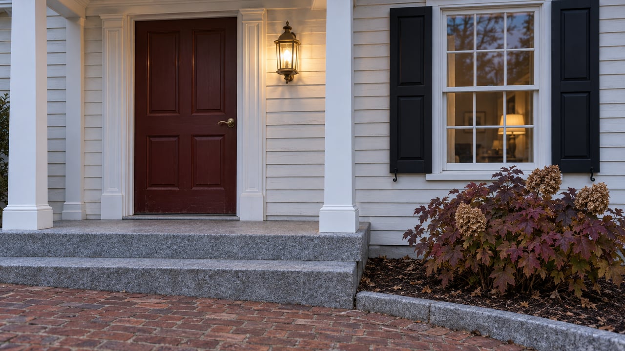 An ivory clapboard home’s oxblood front door and shuttered window at dusk, above granite steps and a red-brick approach.