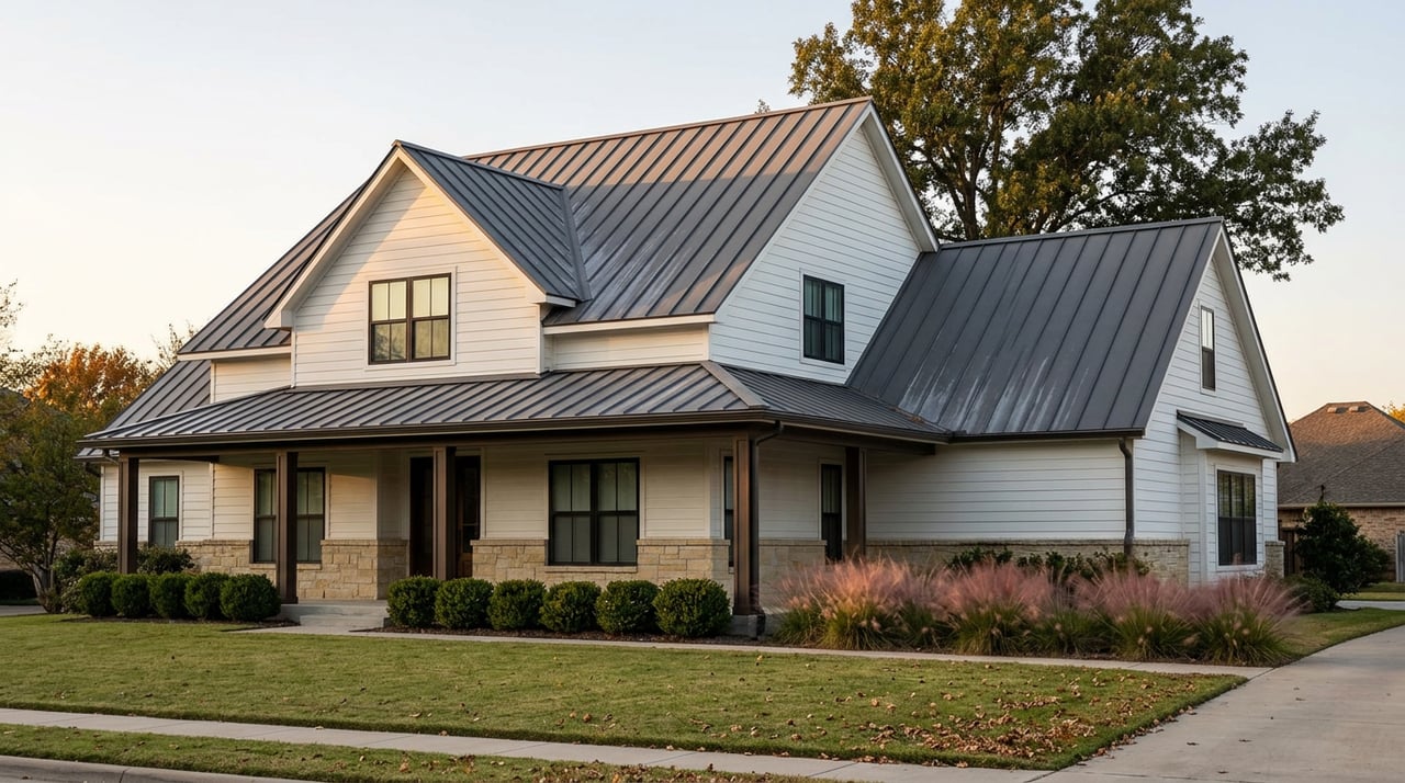 White suburban home with intersecting charcoal standing-seam gables, a covered porch, and a deep lawn.