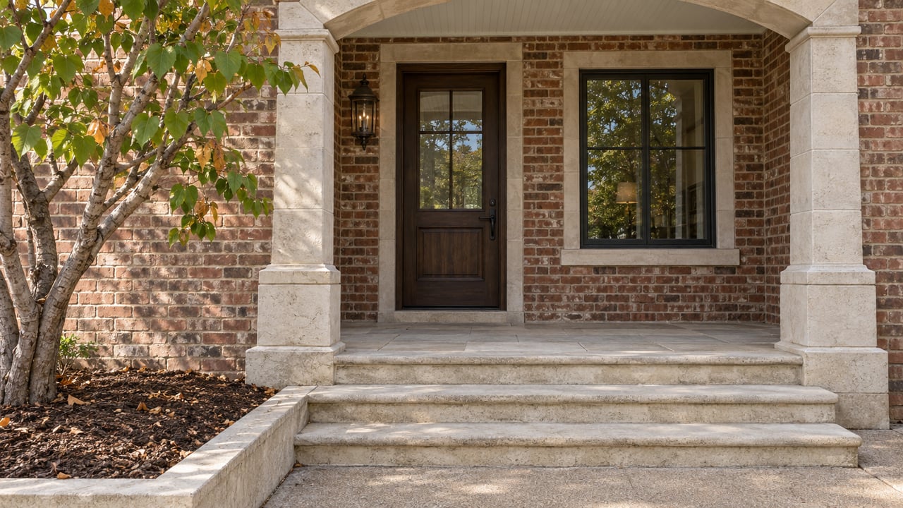 Russet brick home entry with a limestone arch, recessed oak door, black-framed window and broad stone steps beside a redbud.