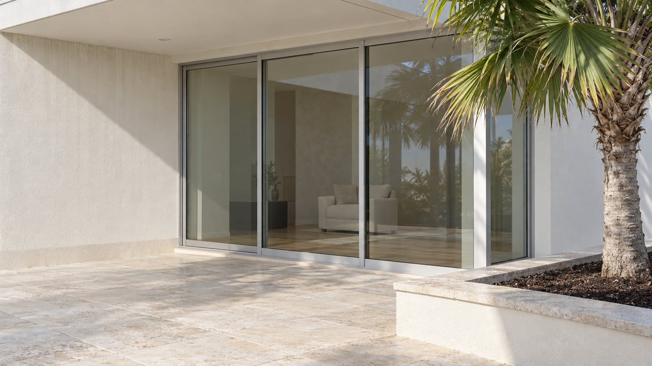 Cream stucco and aluminum sliding glass doors beside a limestone lanai and a single fan palm in a raised masonry planter.