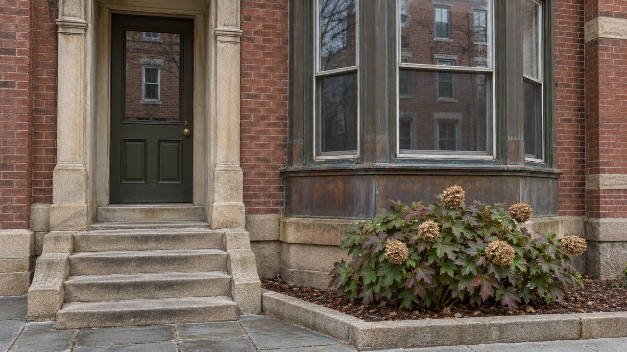 A dark olive door and copper-clad bay window in an aged red brick facade, above sandstone steps and an oakleaf hydrangea bed.