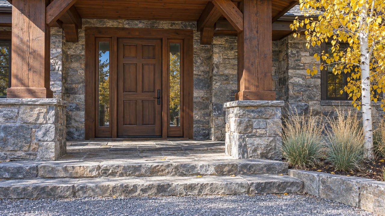 Autumn light on a timber-framed home entrance with stone walls, paired glass sidelights and broad quartzite steps.