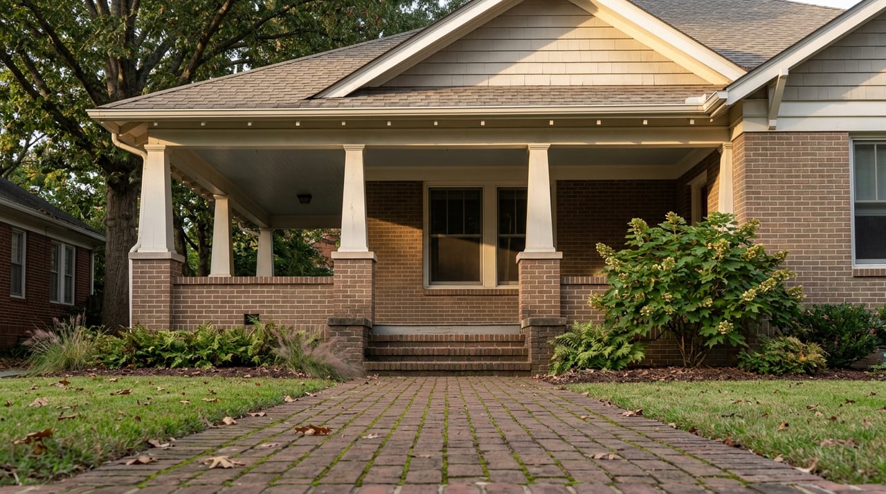 Bungalow porch with white tapered columns, brick piers, a steep gable, and oak leaves scattered along the walkway.