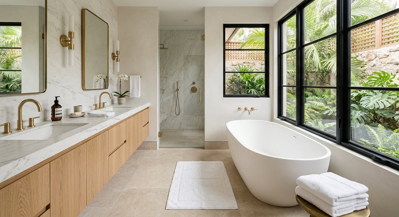 Freestanding white tub and oak vanity with pale veined stone counter, brass fixtures, and a black-framed garden window.