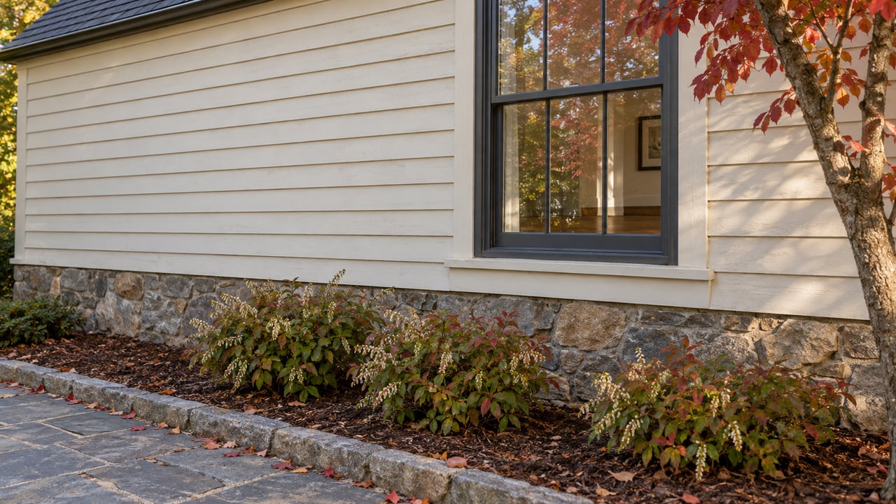 Off-white clapboard house with a dark-framed window above a fieldstone foundation, mulched bed, and bluestone approach.