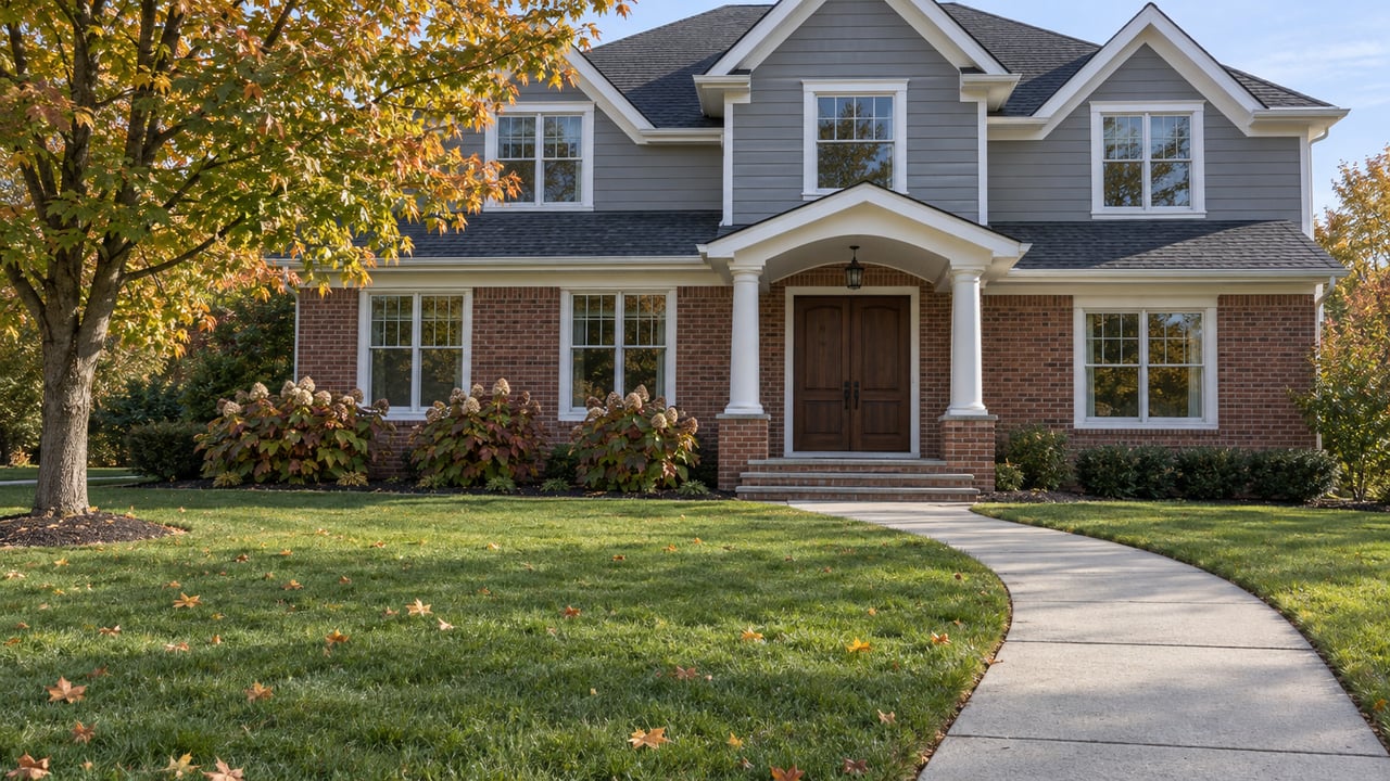 A gray-sided and red-brick home with an arched entry, broad lawn, and an autumn maple beside the front walk.
