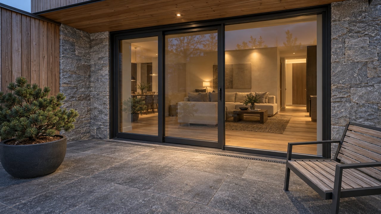 Blue-hour residential terrace with quartzite walls, cedar soffit, closed bronze-black framed glass doors, a teak chair and a single dwarf pine in a ceramic planter.