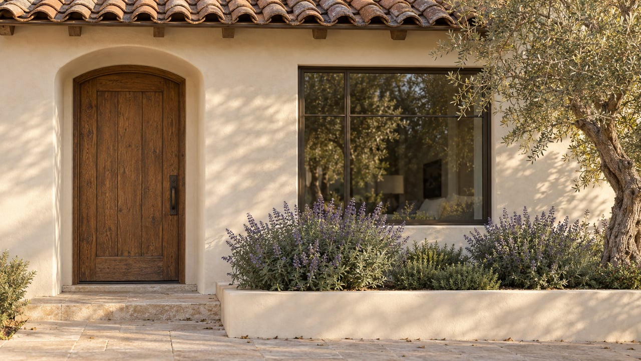 Cream stucco house with a recessed oak door, bronze-framed window, terracotta eave, and olive tree.