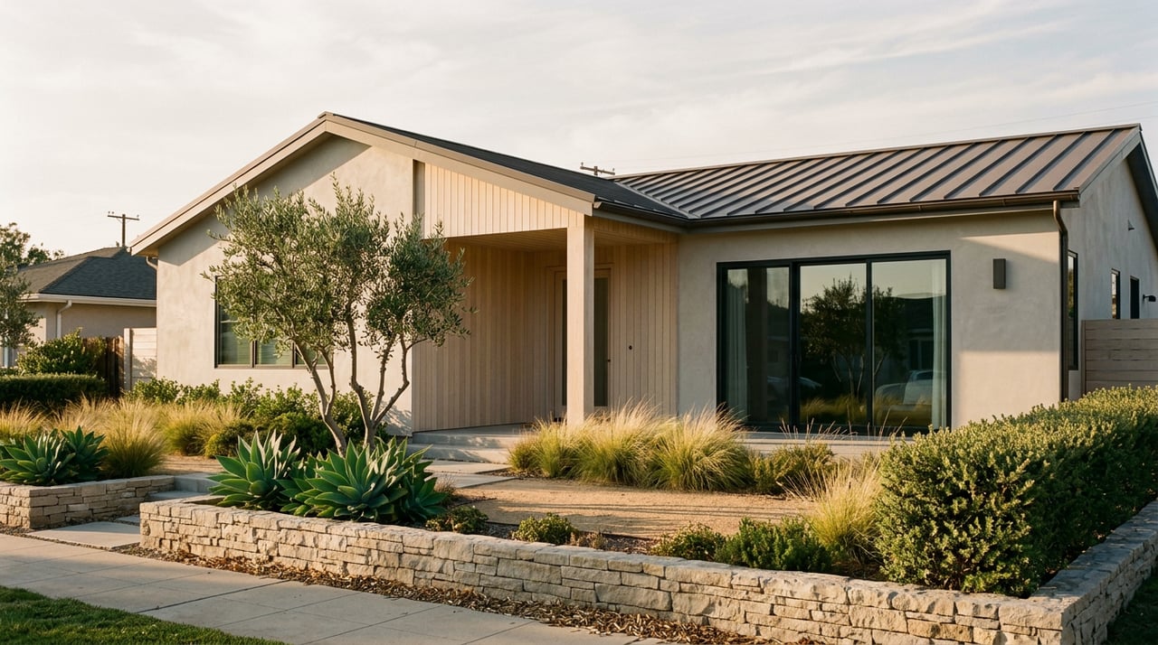 Coastal-modern home with a dark metal gable roof, pale wood entry, olive tree, and layered front garden.