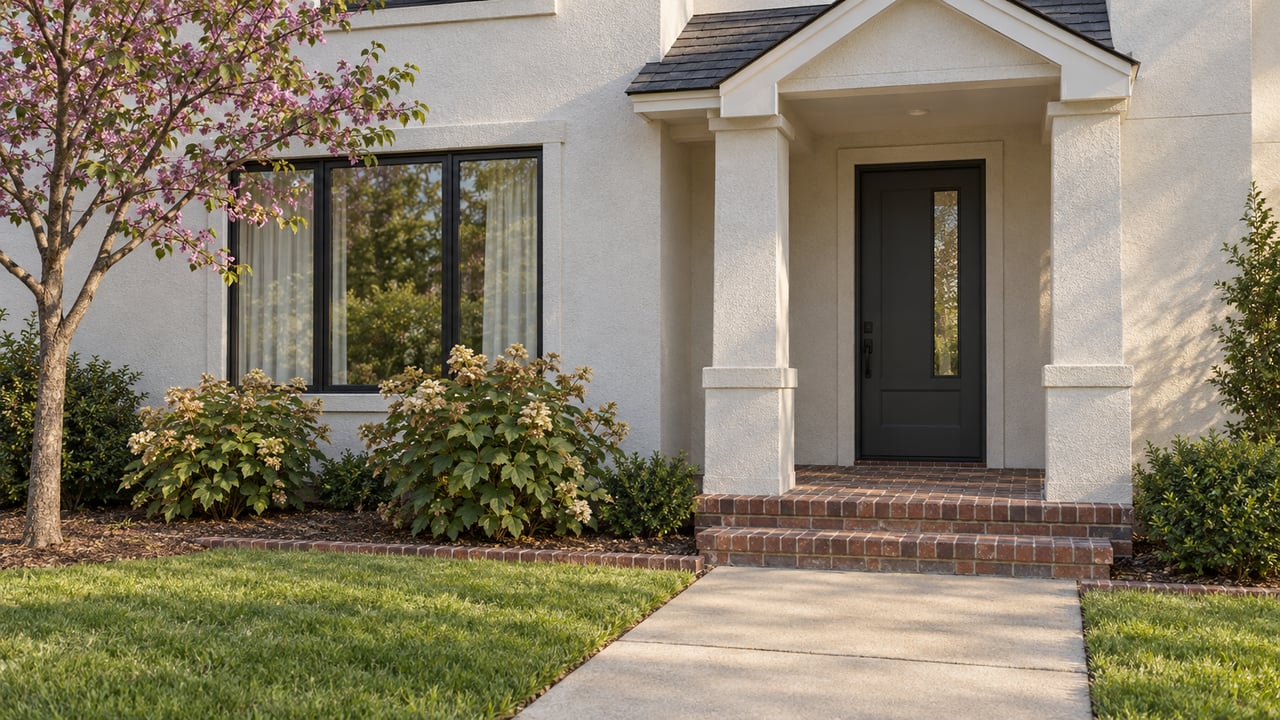 Warm white stucco home with a charcoal entry door, brick steps, black-framed window and carefully planted front approach.