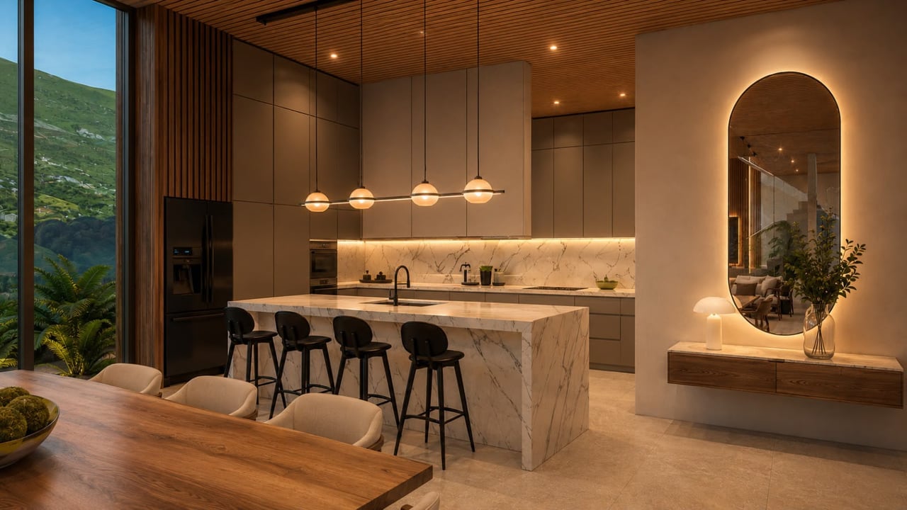 Modern kitchen with a marble island, wood ceiling, and mountain views through tall windows.