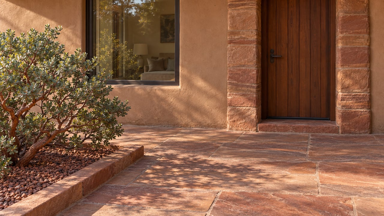 Cedar entry door set in a red sandstone jamb, beside a window and twisting shrub.