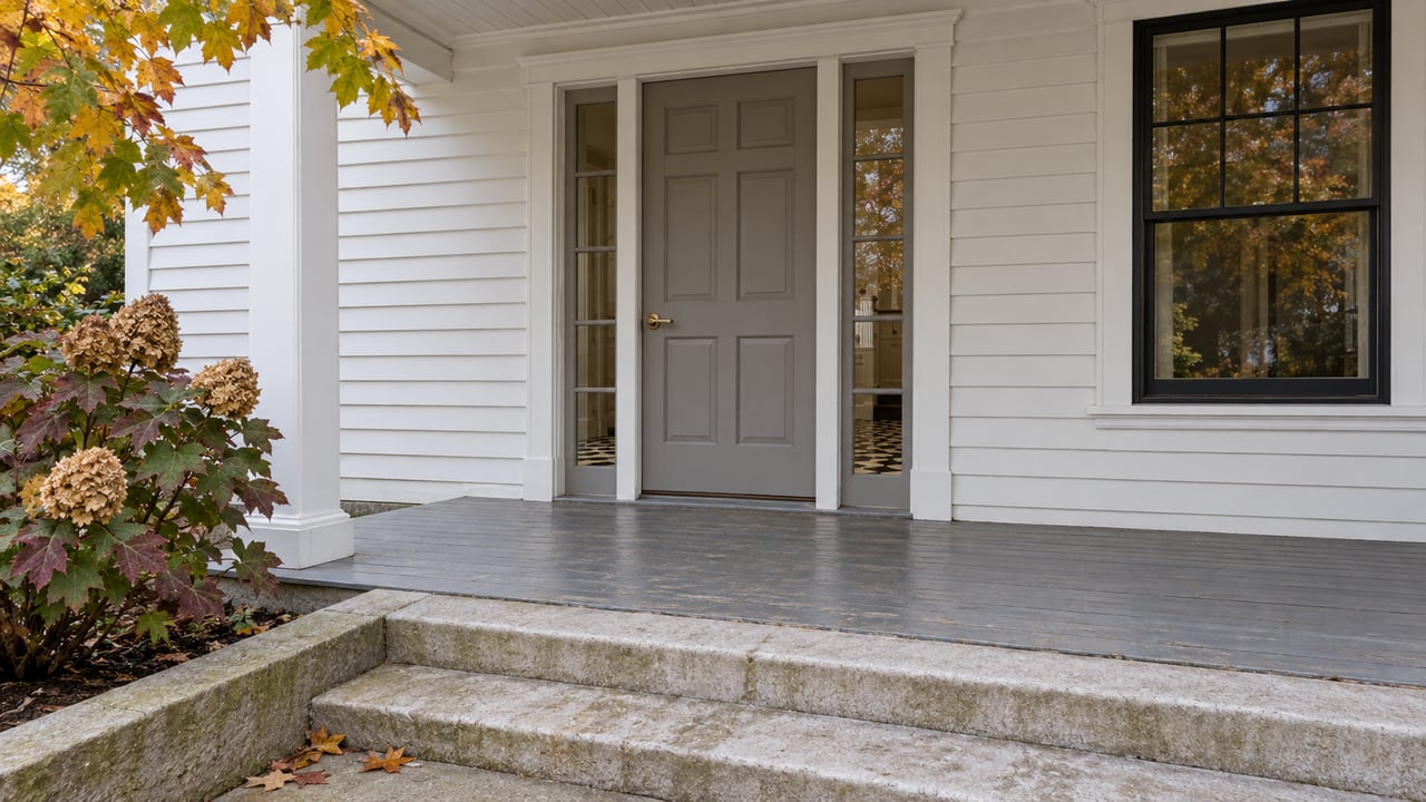 White clapboard home entry with glazed sidelights, a limestone approach, and autumn leaves beside the porch.