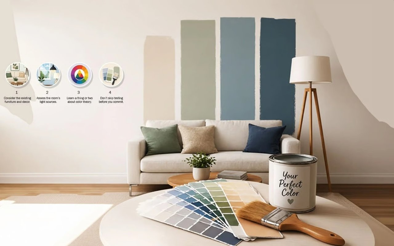 Four tips for choosing paint colors beside a sofa, wall color samples, and paint supplies.