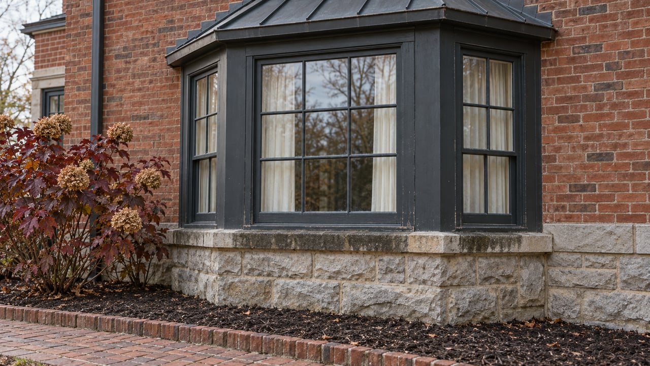 A weathered brick home's dark-framed window bay above a limestone foundation, beside burgundy oakleaf hydrangea.