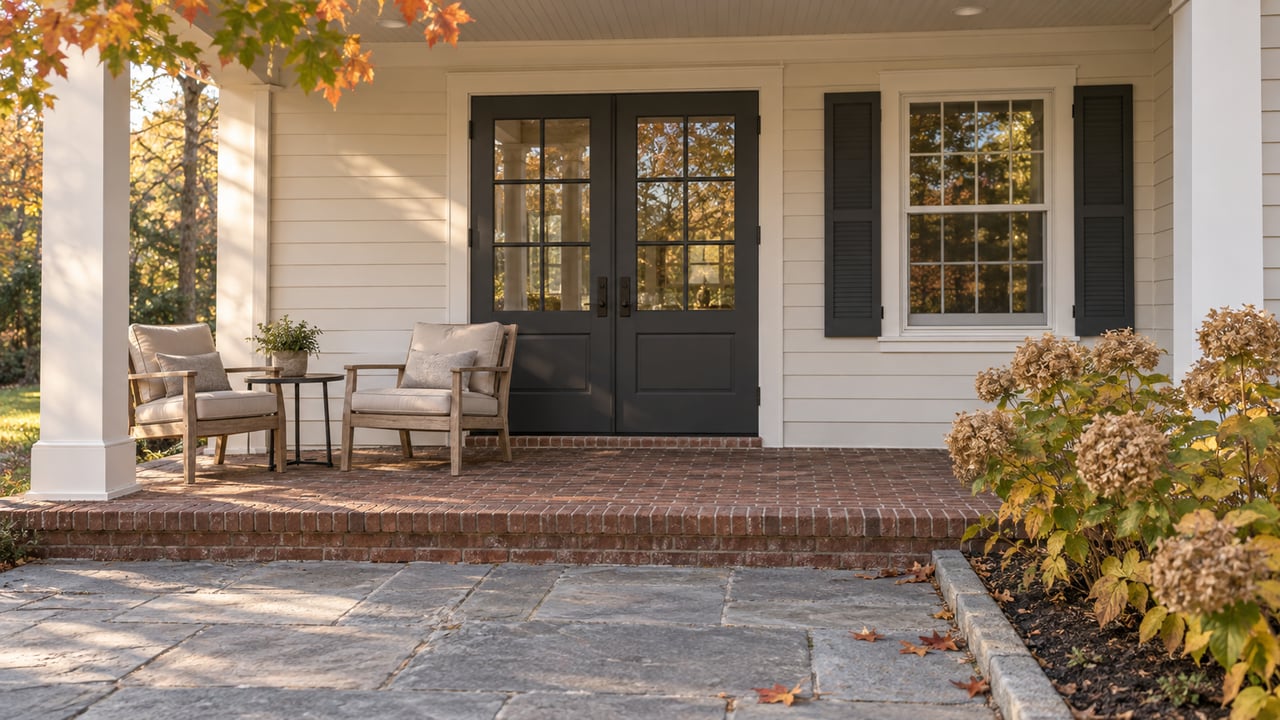 An ivory clapboard home's covered rear entry opens onto a brick and limestone terrace with two oak chairs and autumn hydrangeas.