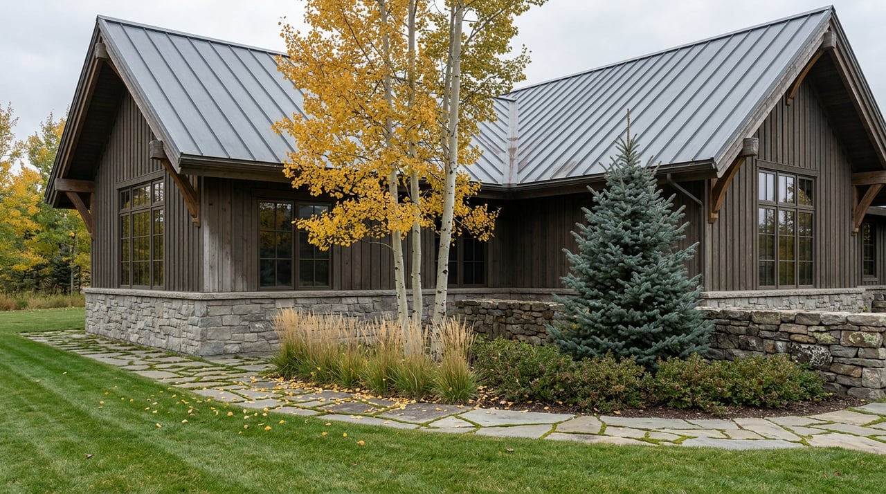 Mountain home with a timber-bracketed gable, stone facade, curving flagstone path, and golden aspens.