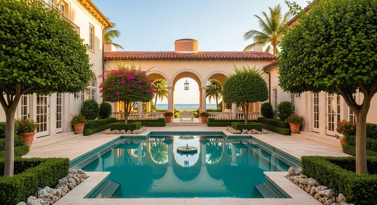 Rectangular courtyard pool facing a three-arched loggia, with clipped trees and palms framing the sea view.