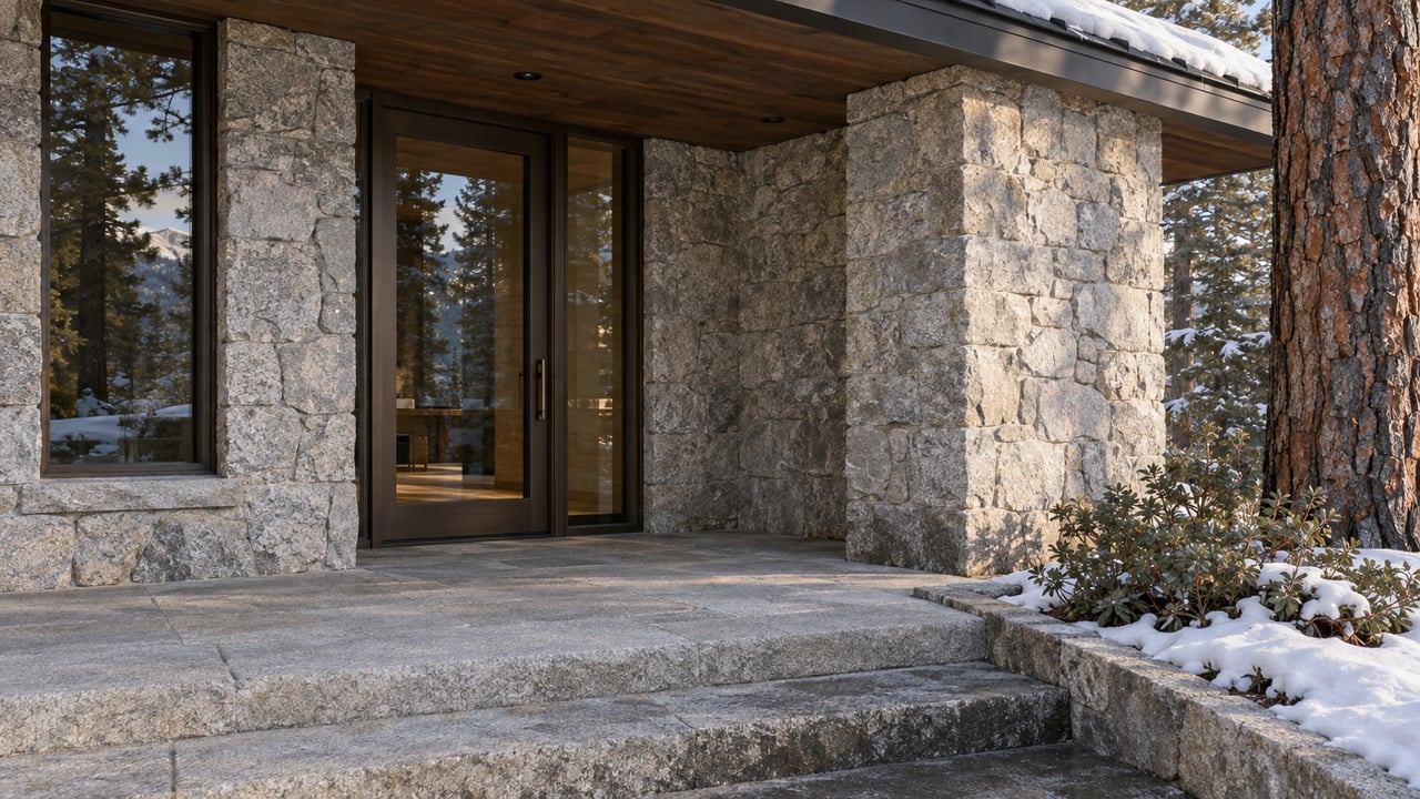 Winter sunlight on a granite and timber entrance with a closed bronze-framed glass door, stone steps and settled snow beside a mature pine.